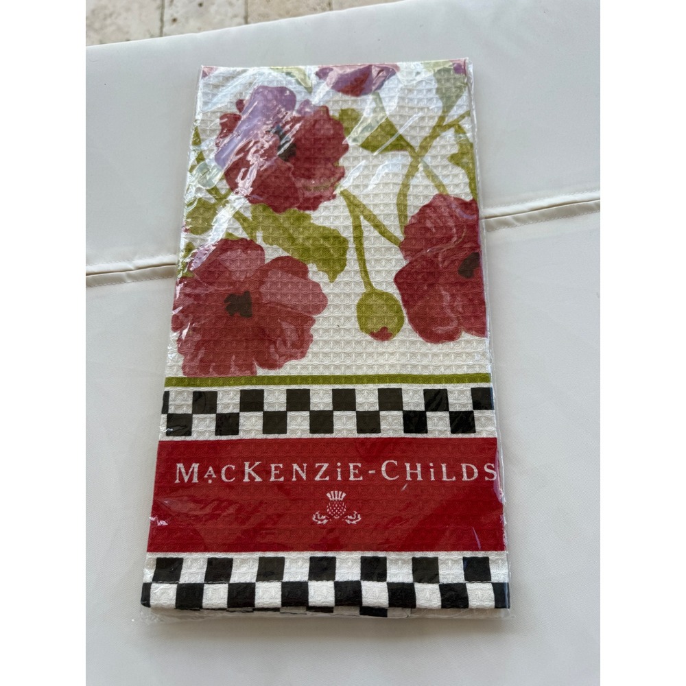MacKenzie-Childs Poppy Dish Towel Red Floral Courtly Check 100% Cotton NEW